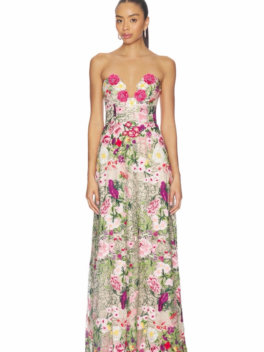 Elliatt Strapless Floral Appliqué Gown in Pink, Green and Cream